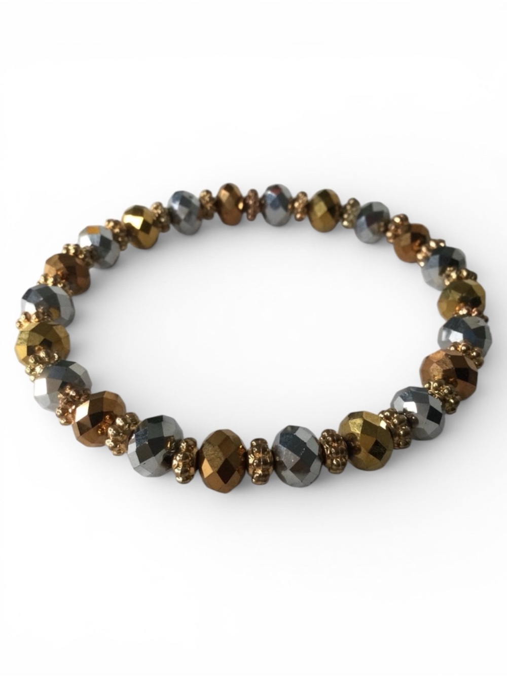 Handmade Faceted Beaded Stretch Bracelet - Metallic Silver, Gold & Copper - Picture 9 of 10